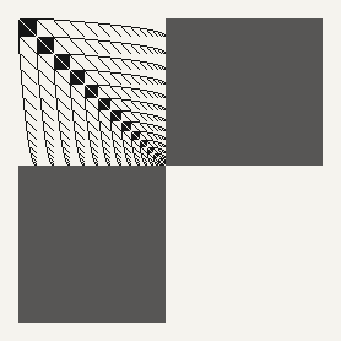 Coupling map of the tensor flattened to one cell per generator pair: a sparse lattice in the so(16) block, two saturated mixed blocks, and an entirely empty spinor block.