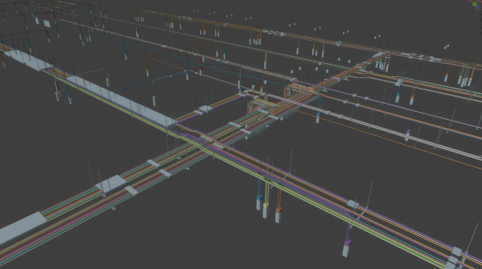 Detailed coordinated conduit racks routed through structural bays.