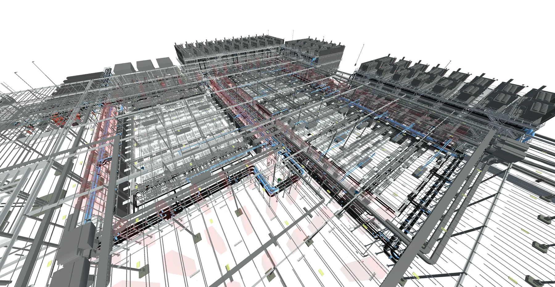 Coordinated building services model showing structural steel, cable tray, conduit racks and switchgear.