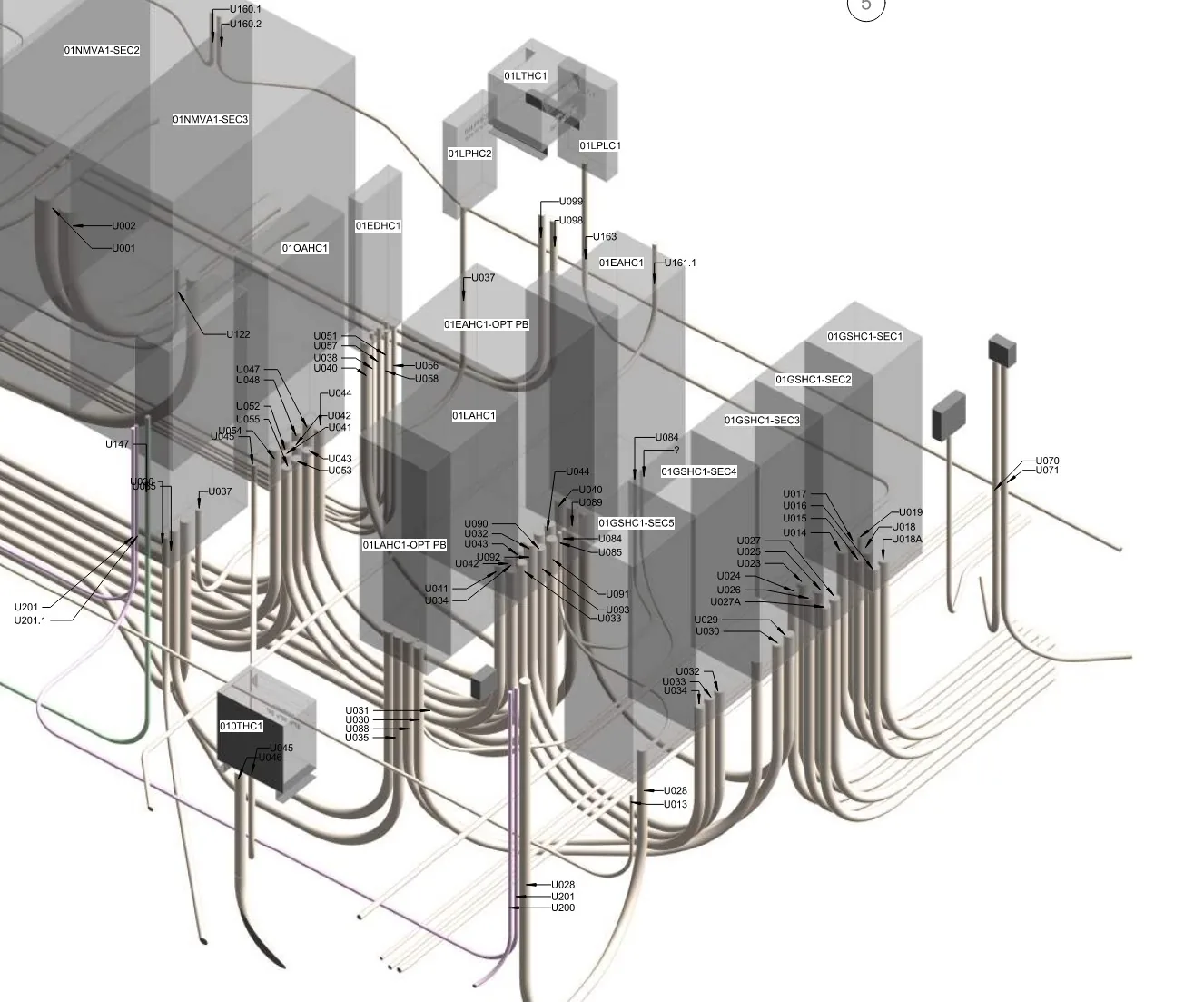 Isometric electrical equipment layout with tagged switchboards and numbered conduit runs.